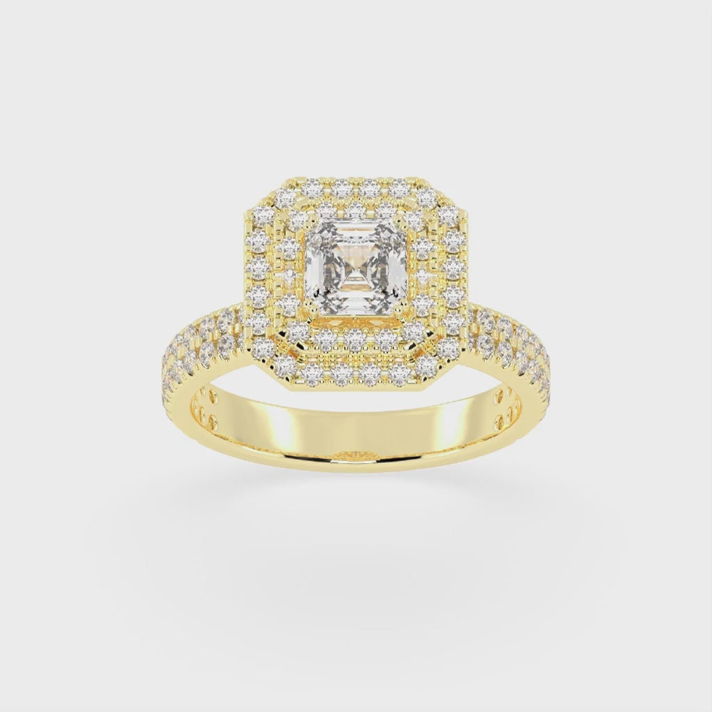 Asscher cut Pave Lab Grown Diamond Engagement Ring with vintage double halo setting