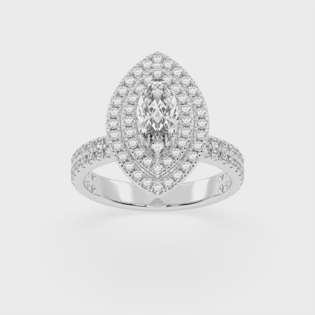 Marquise cut Pave Lab Grown Diamond Engagement Ring with vintage double halo setting