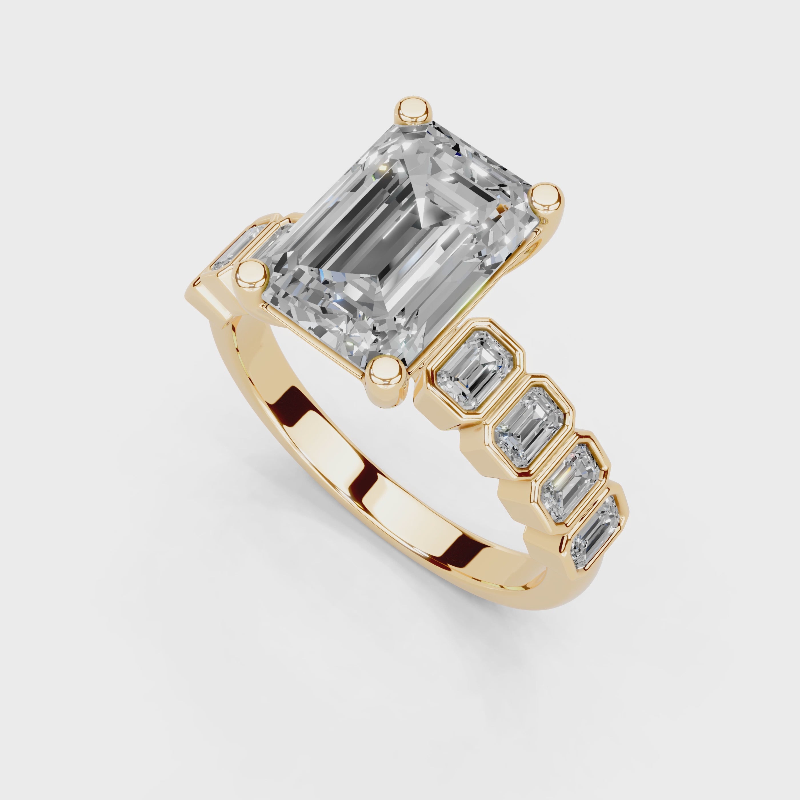 Emerald Cut Pave Lab Grown Diamond Engagement Ring with Emerald side stones