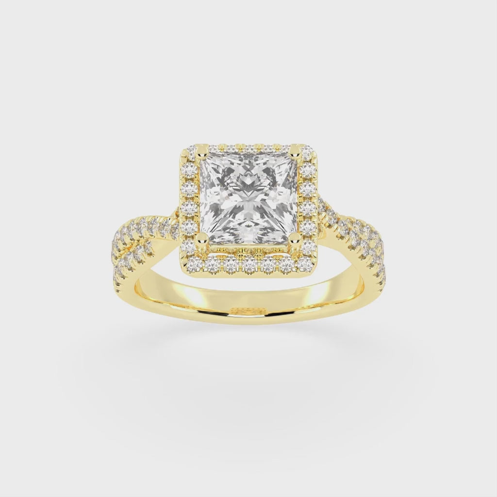 Princess cut Halo Lab Grown Diamond Engagement Ring with Twisted Pave Setting