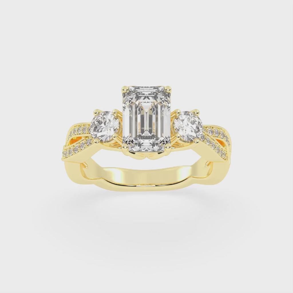 Emerald Cut Fancy Lab Grown Diamond Engagement Ring with Twisted Pave