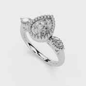 Three Stone Lab Grown Diamond Engagement Ring with Pear Cut Center Stone and Marquise Side Stones