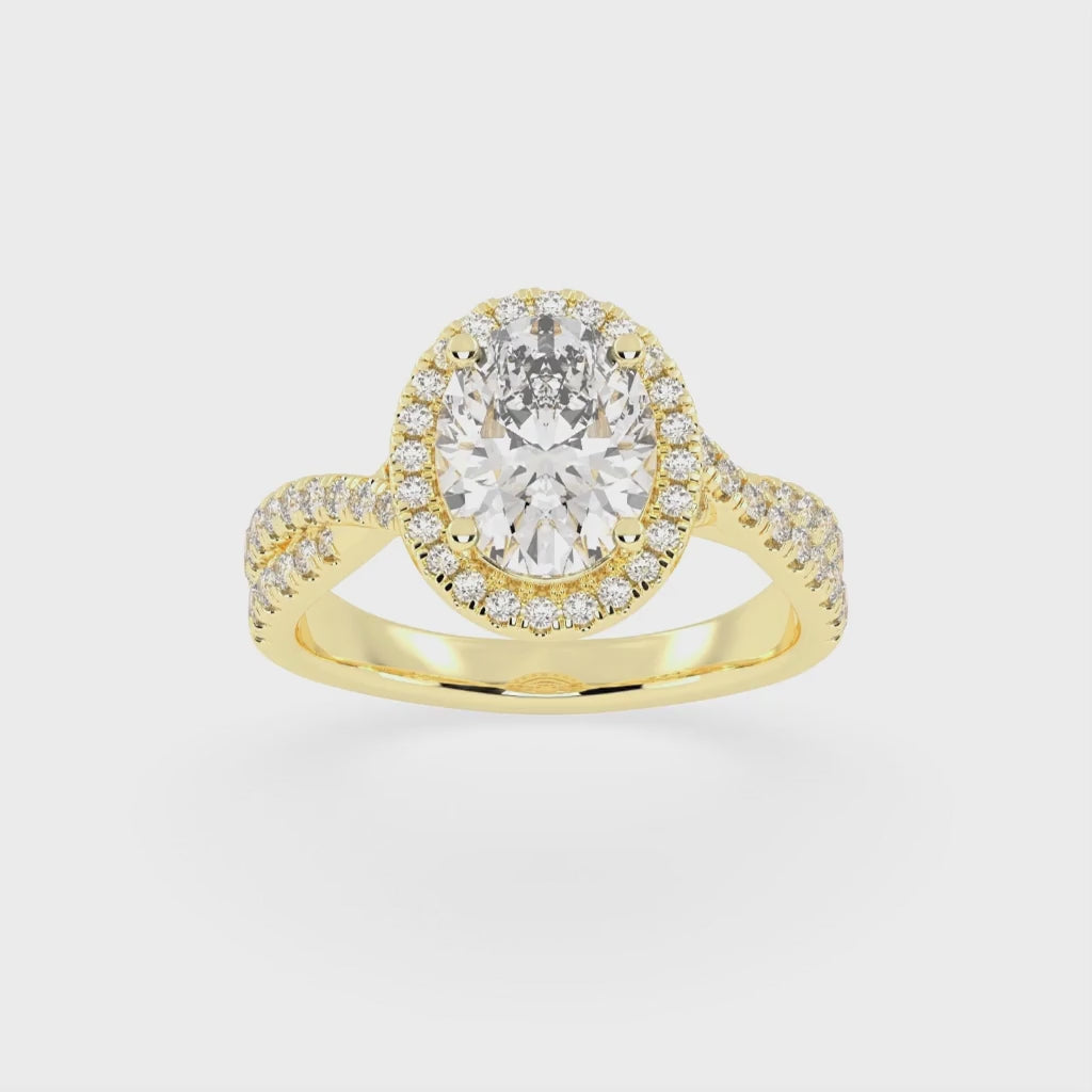 Oval cut Halo Lab Grown Diamond Engagement Ring with Twisted Pave Setting