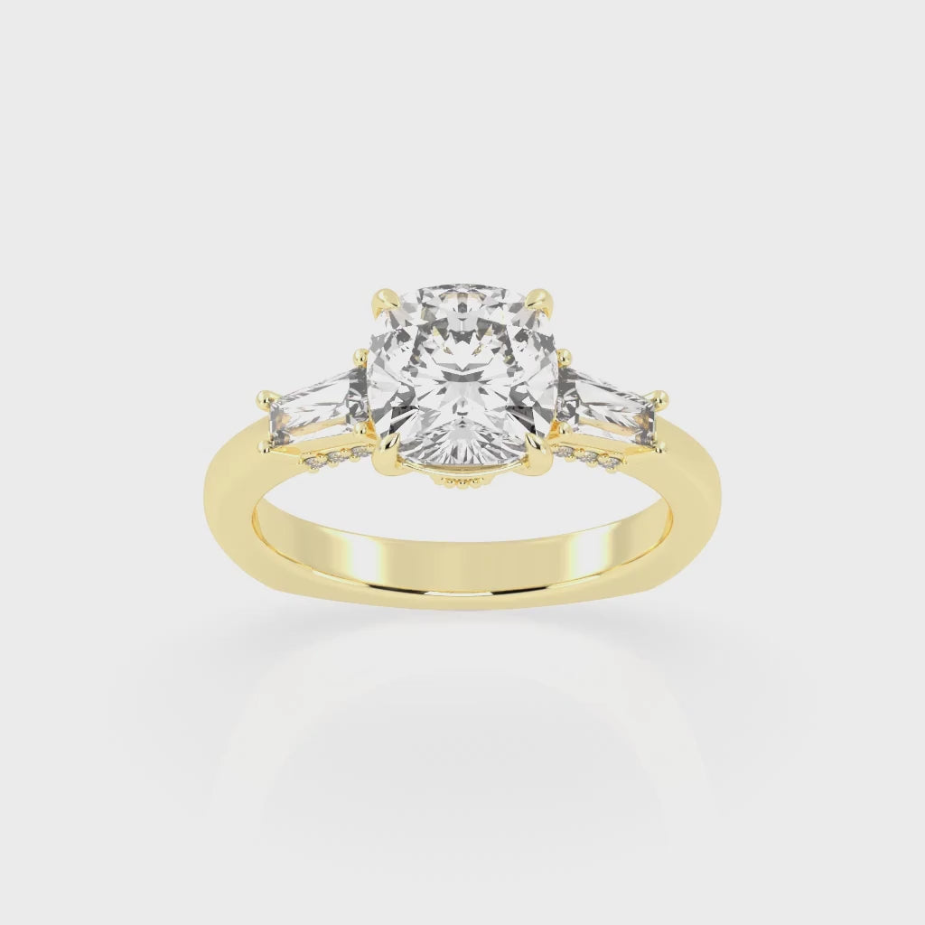 Cushion Cut Baguette Accent Lab Grown Diamond Engagement Ring