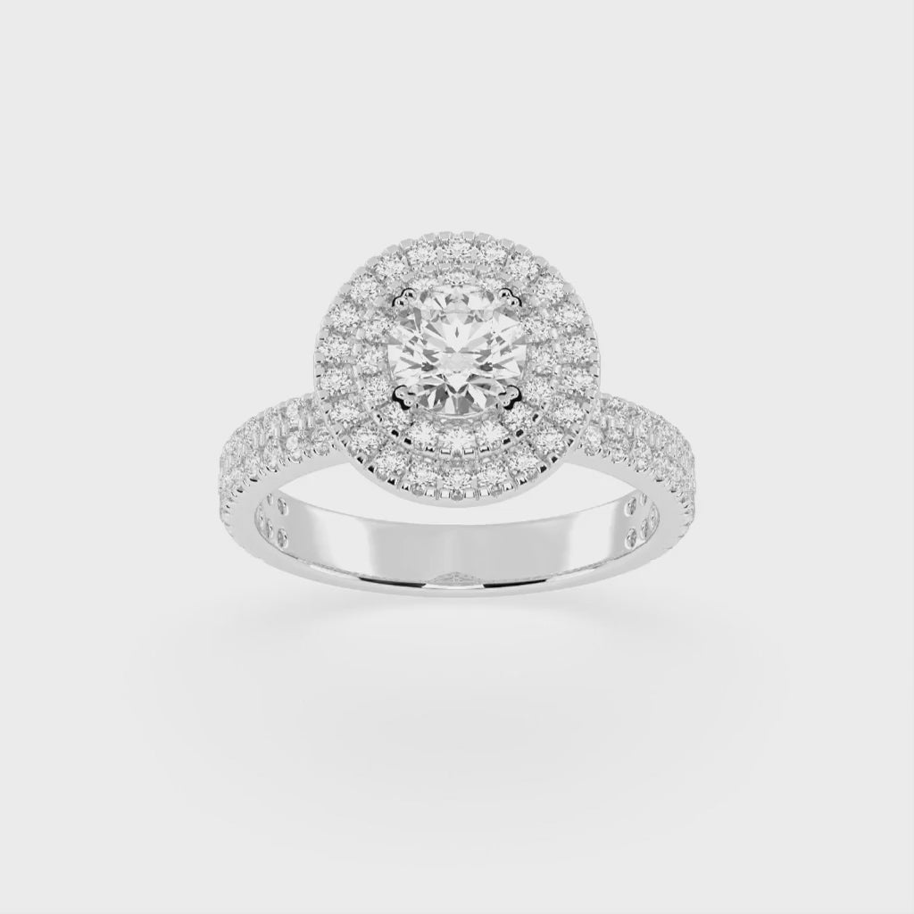 Round cut Pave Lab Grown Diamond Engagement Ring with vintage double halo setting