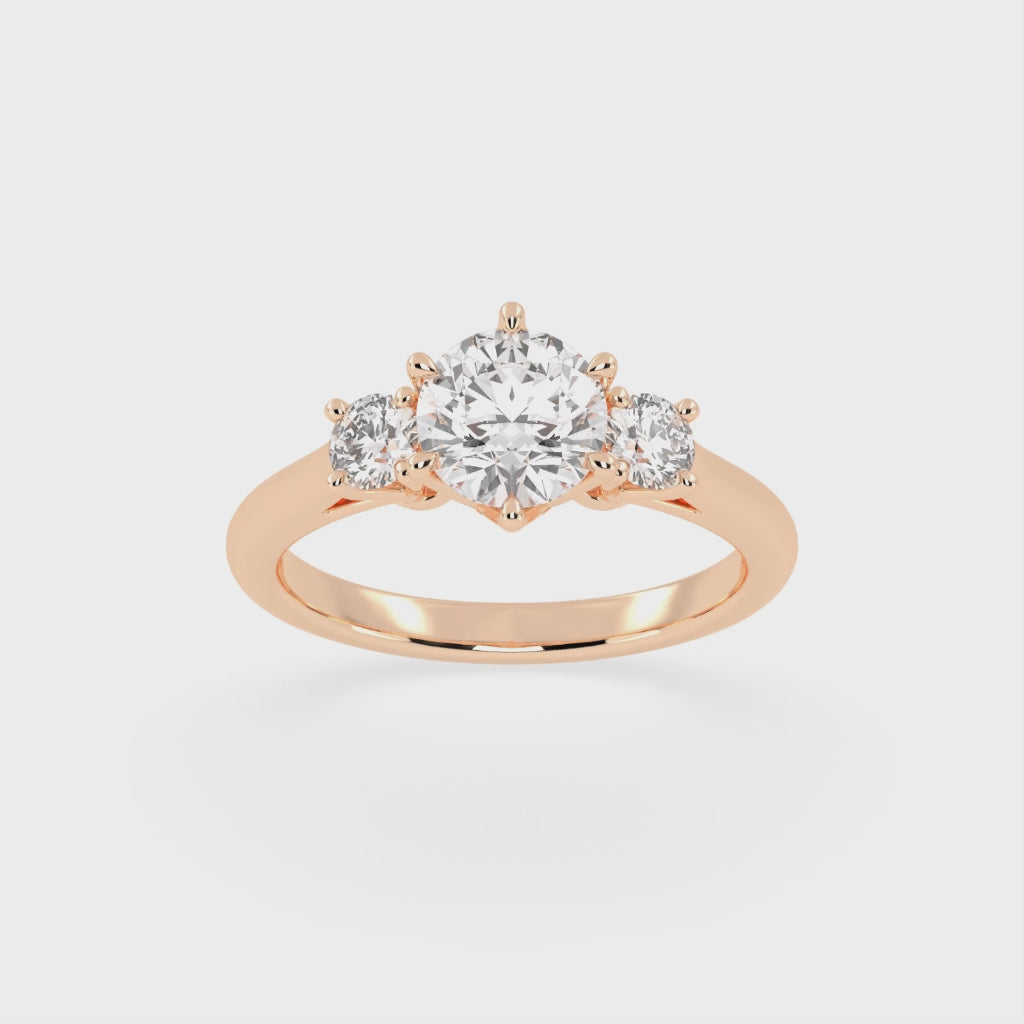 Six Prong Round Cut Three Stone Lab Grown Diamond Engagement Ring with Round side stones