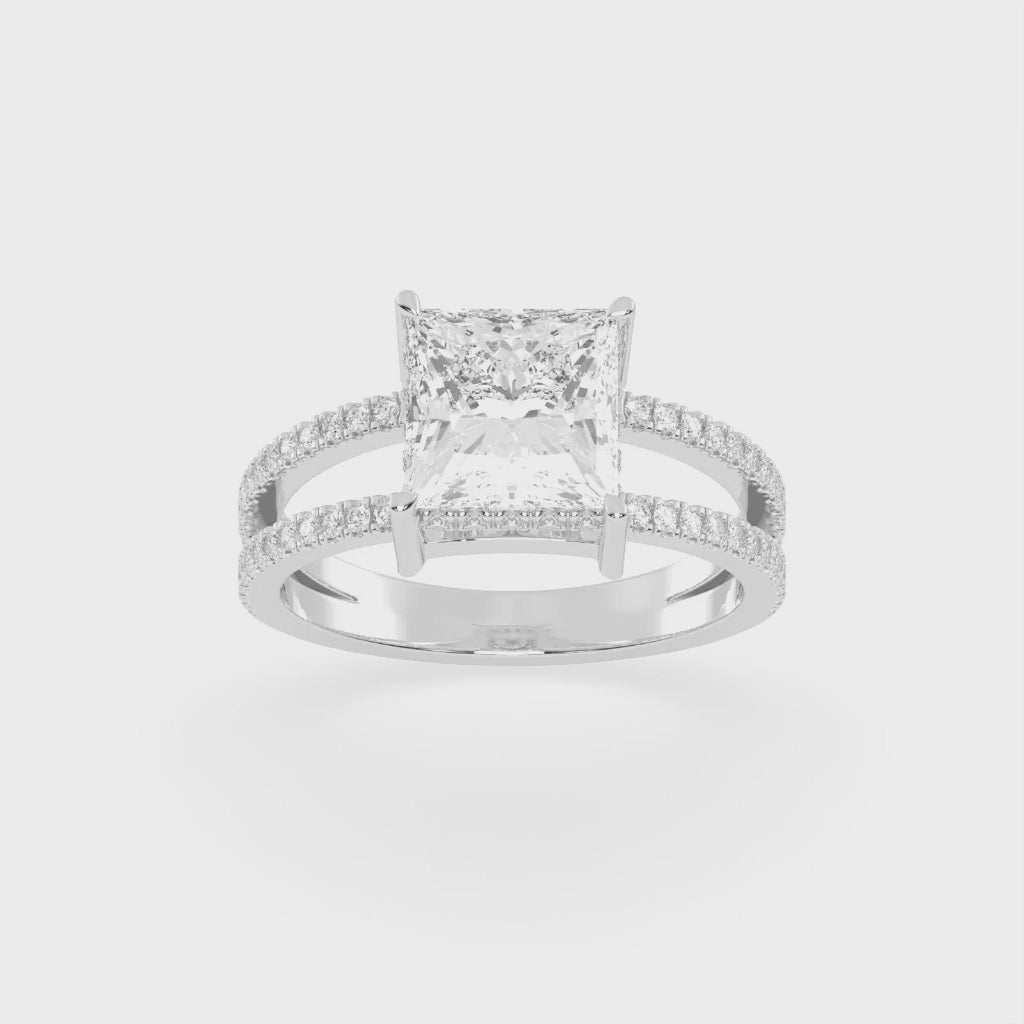 Princess Cut Split Shank Lab Grown Diamond Engagement Ring with Pave Setting