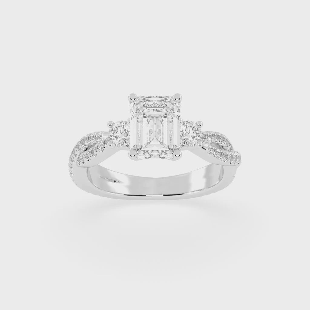 Three Stone Lab Grown Diamond Engagement Ring with Emerald Cut Center Stone and Round Side Stones