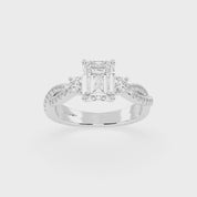 Three Stone Lab Grown Diamond Engagement Ring with Emerald Cut Center Stone and Round Side Stones