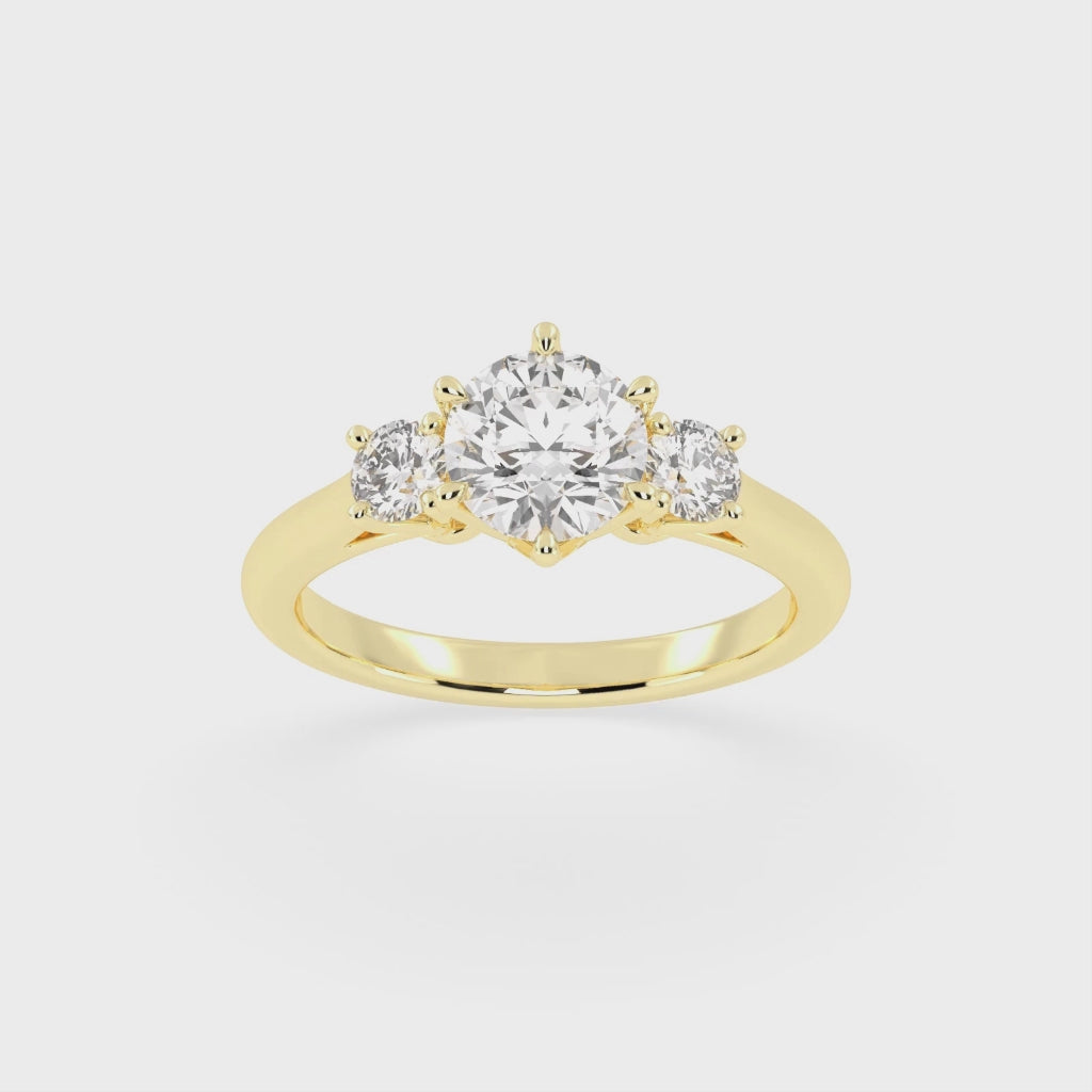 Six Prong Round Cut Three Stone Lab Grown Diamond Engagement Ring with Round side stones