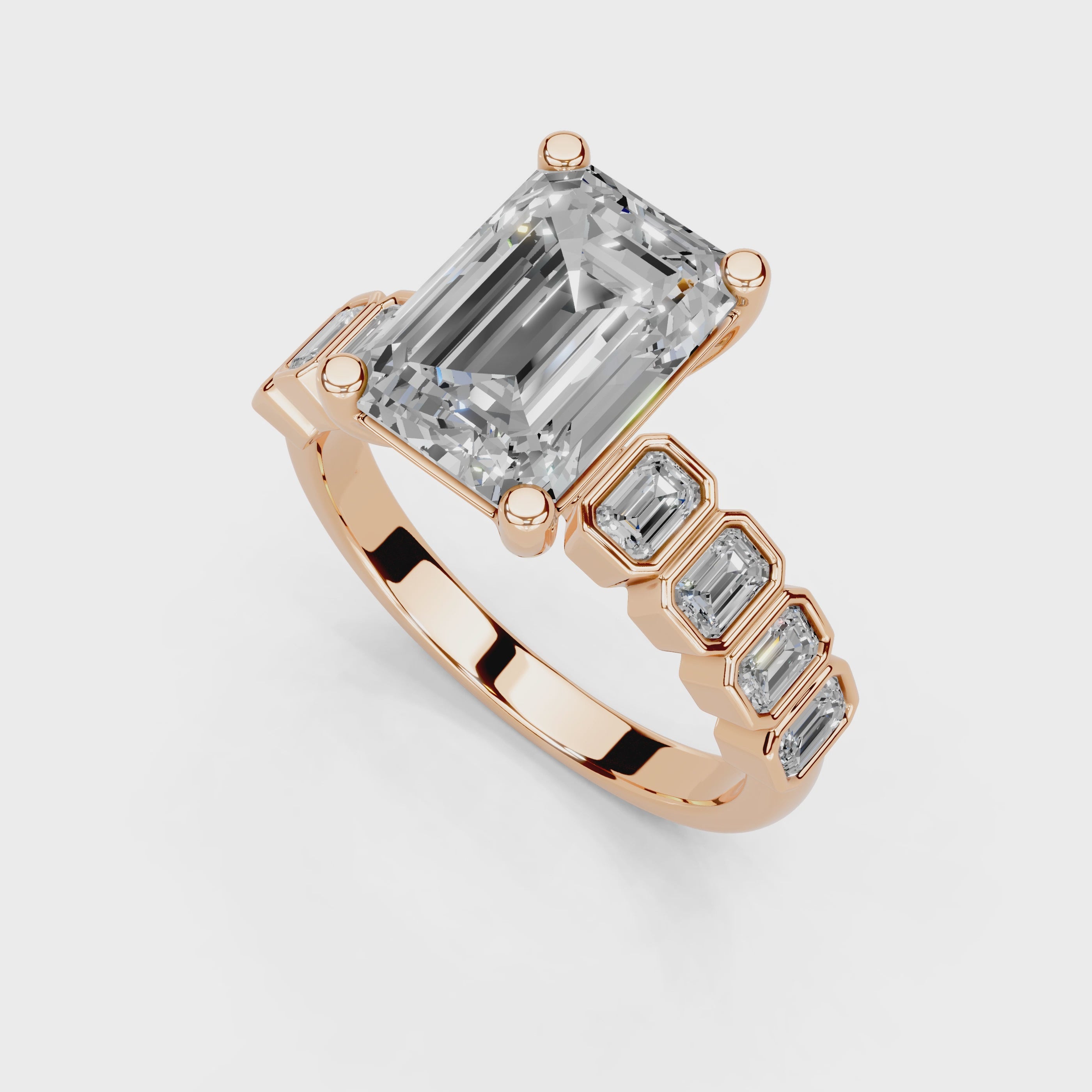 Emerald Cut Pave Lab Grown Diamond Engagement Ring with Emerald side stones