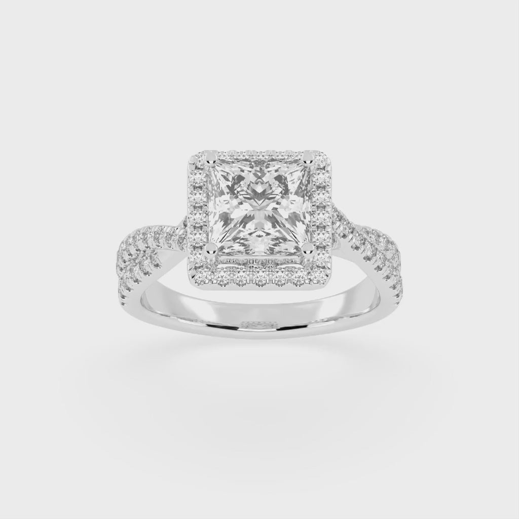 Princess cut Halo Lab Grown Diamond Engagement Ring with Twisted Pave Setting