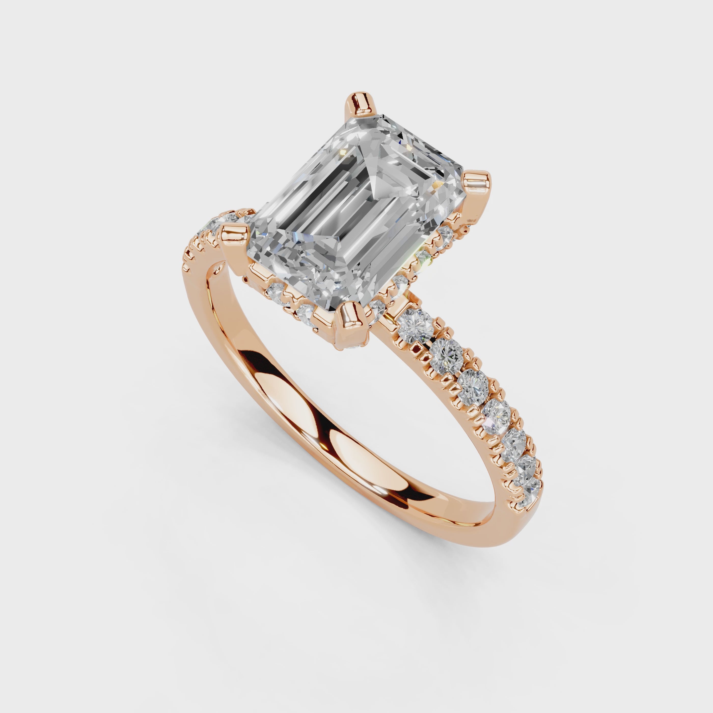 Emerald Cut Pave Lab Grown Diamond Engagement Ring with Hidden Halo setting