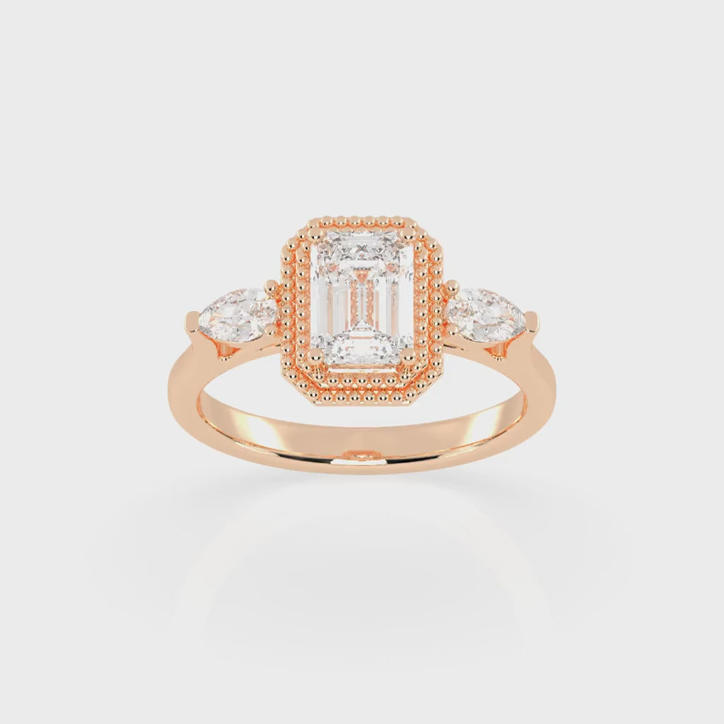 Three Stone Lab Grown Diamond Engagement Ring with Emerald Cut Center Stone and Pear Side Stones