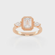 Three Stone Lab Grown Diamond Engagement Ring with Emerald Cut Center Stone and Pear Side Stones