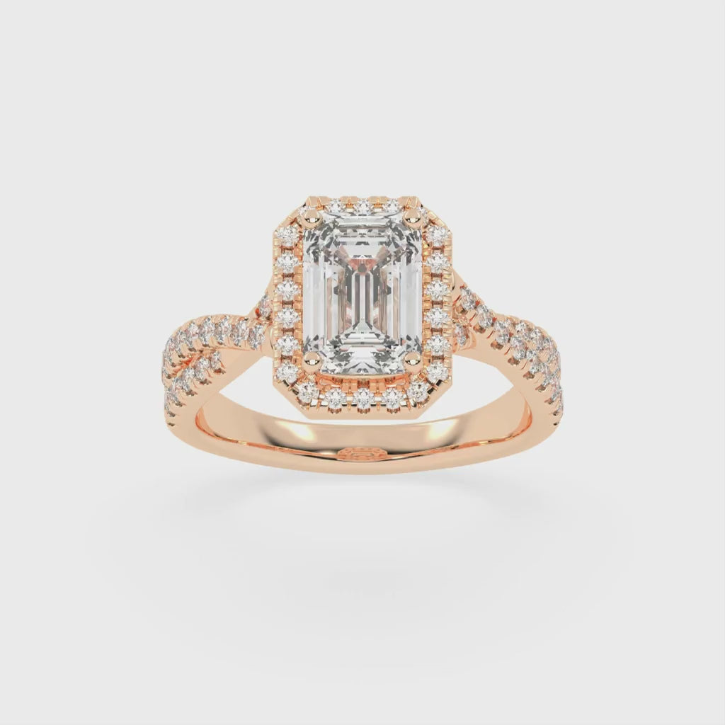 Emerald cut Halo Lab Grown Diamond Engagement Ring with Twisted Pave Setting