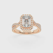 Emerald cut Halo Lab Grown Diamond Engagement Ring with Twisted Pave Setting