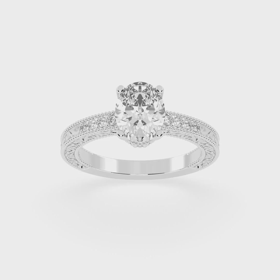 Fancy Lab Grown Diamond Engagement Ring with Oval Center Stone and Hidden Halo Setting