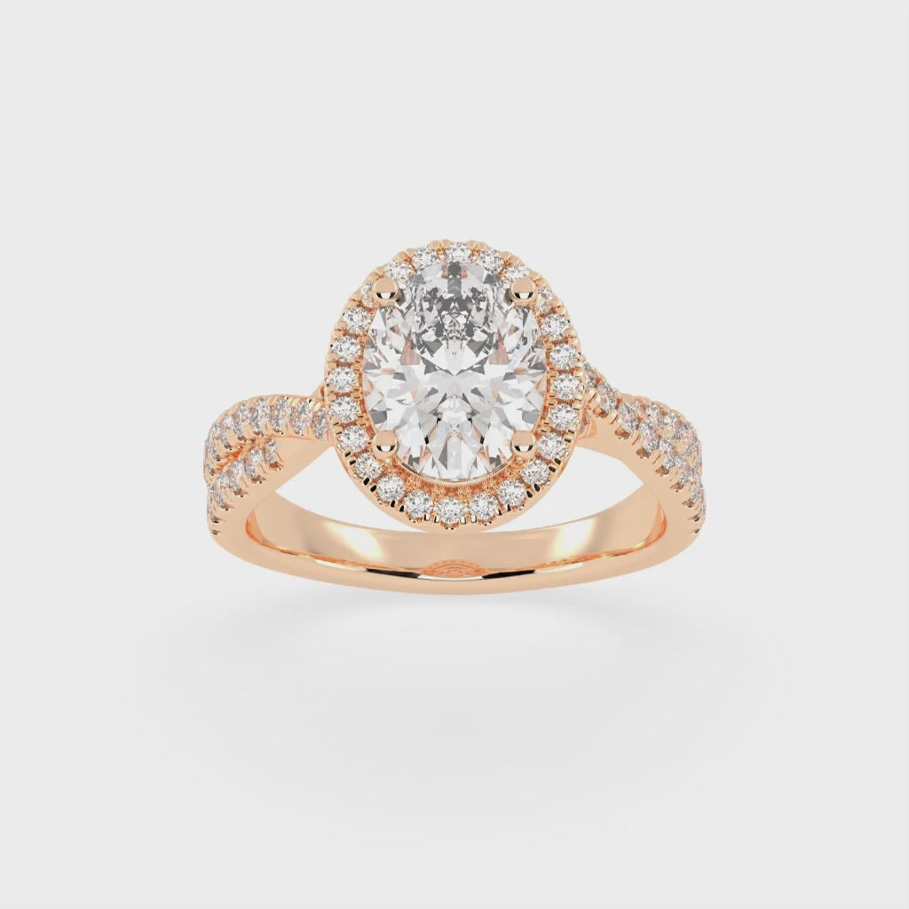 Oval cut Halo Lab Grown Diamond Engagement Ring with Twisted Pave Setting