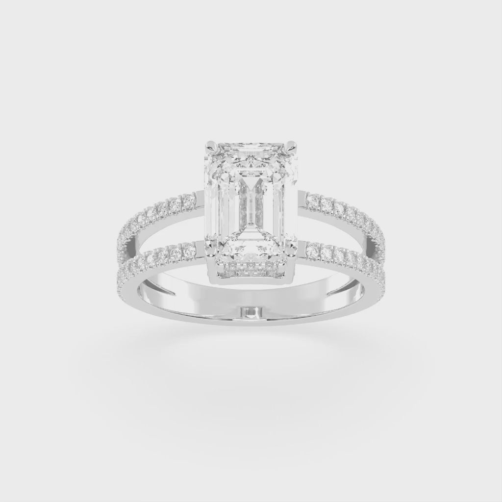 Emerald Cut Split Shank Lab Grown Diamond Engagement Ring with Pave Setting