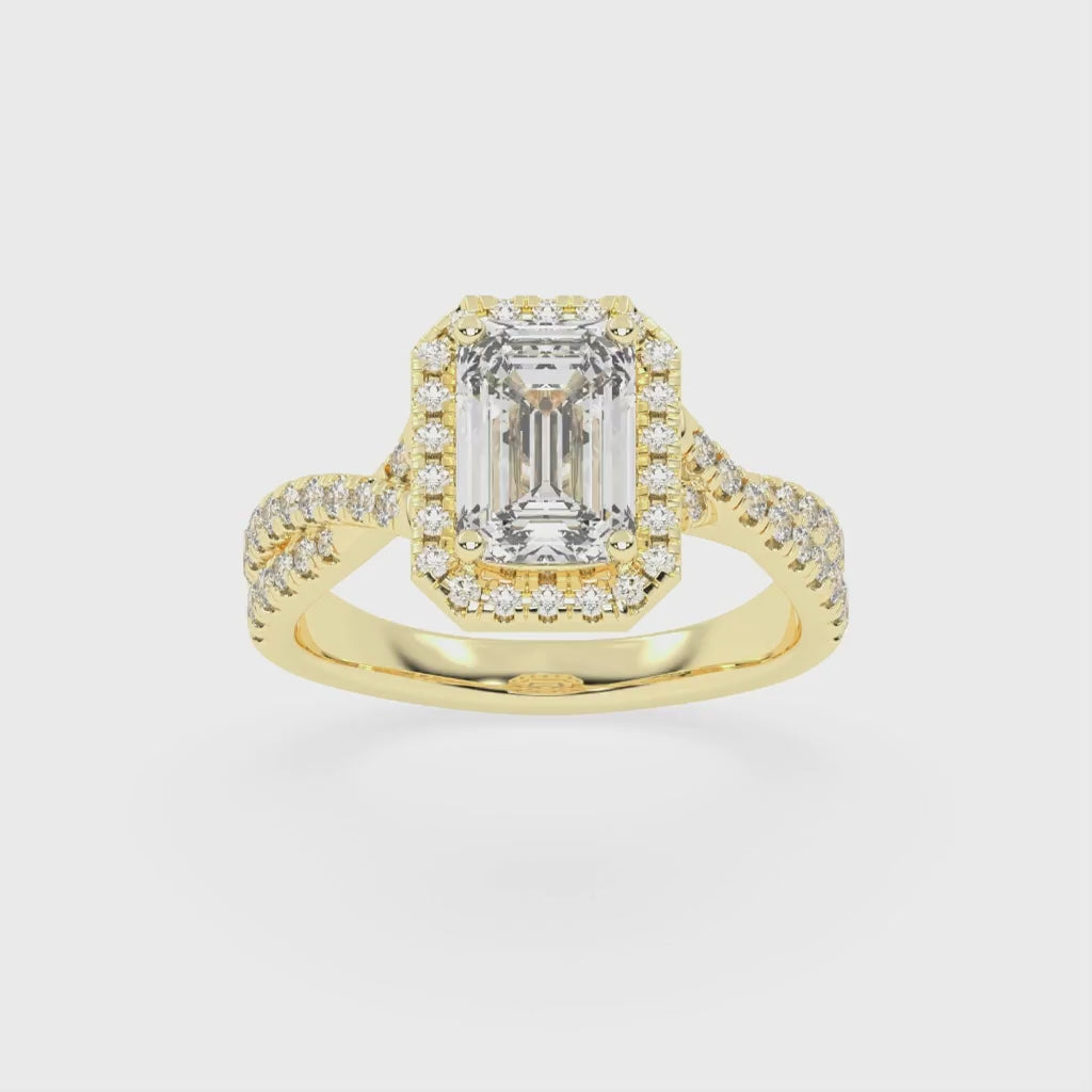 Emerald cut Halo Lab Grown Diamond Engagement Ring with Twisted Pave Setting