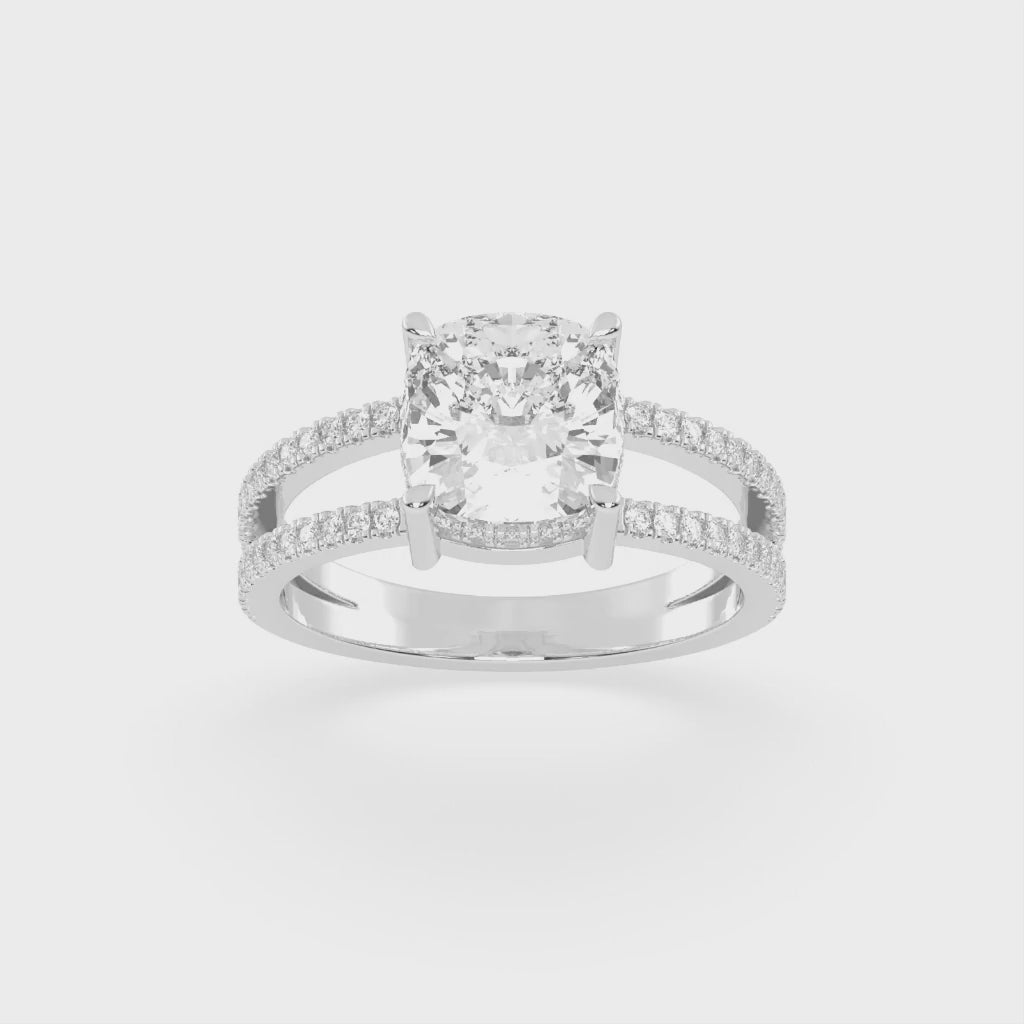 Cushion Cut Split Shank Lab Grown Diamond Engagement Ring with Pave Setting