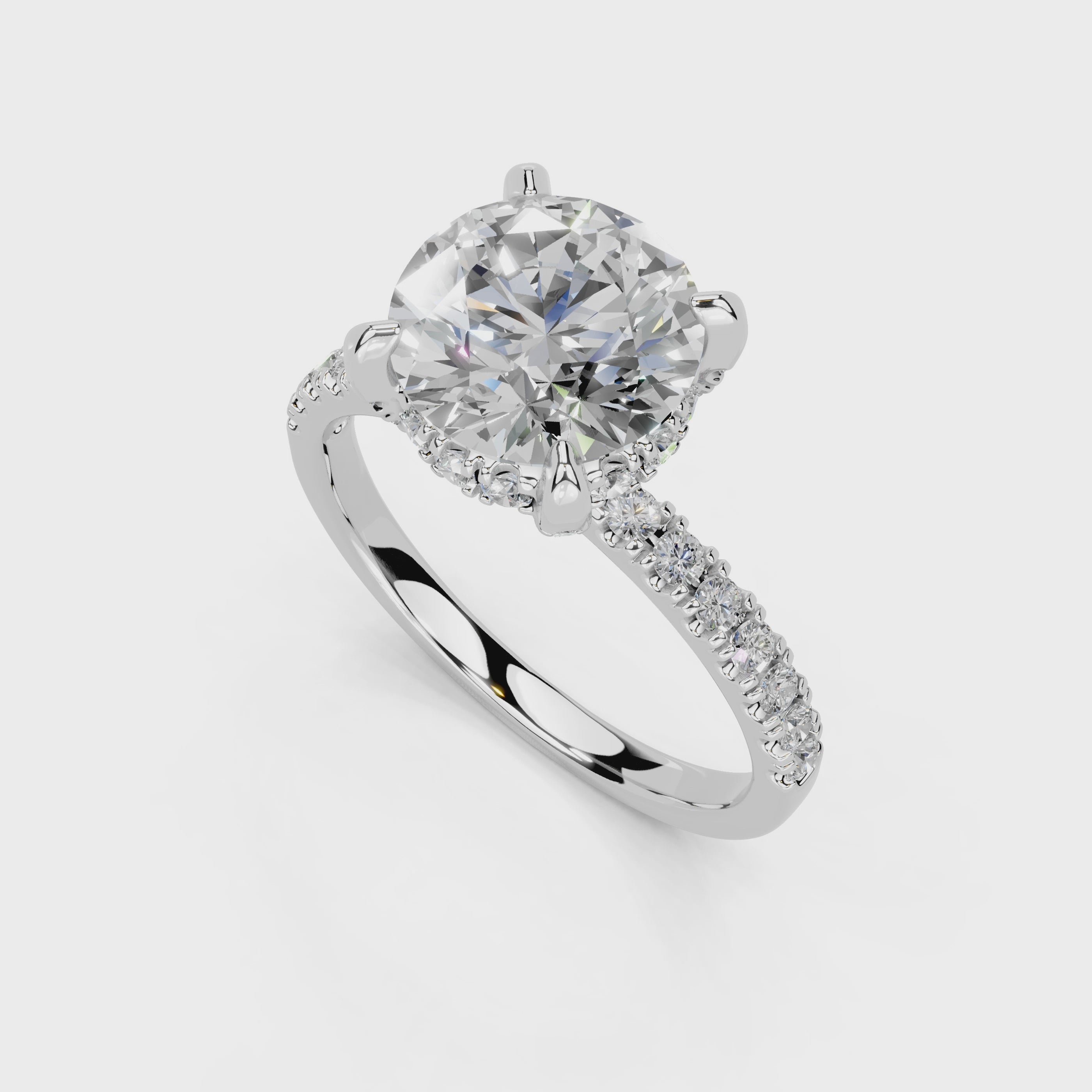 Round Cut Pave Lab Grown Diamond Engagement Ring with Hidden Halo setting