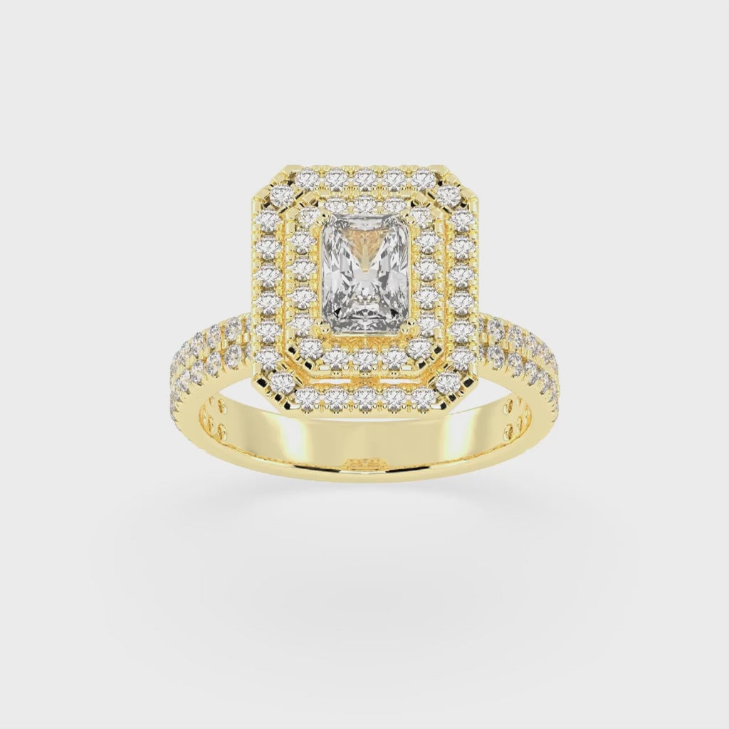 Emerald cut Pave Lab Grown Diamond Engagement Ring with vintage double halo setting