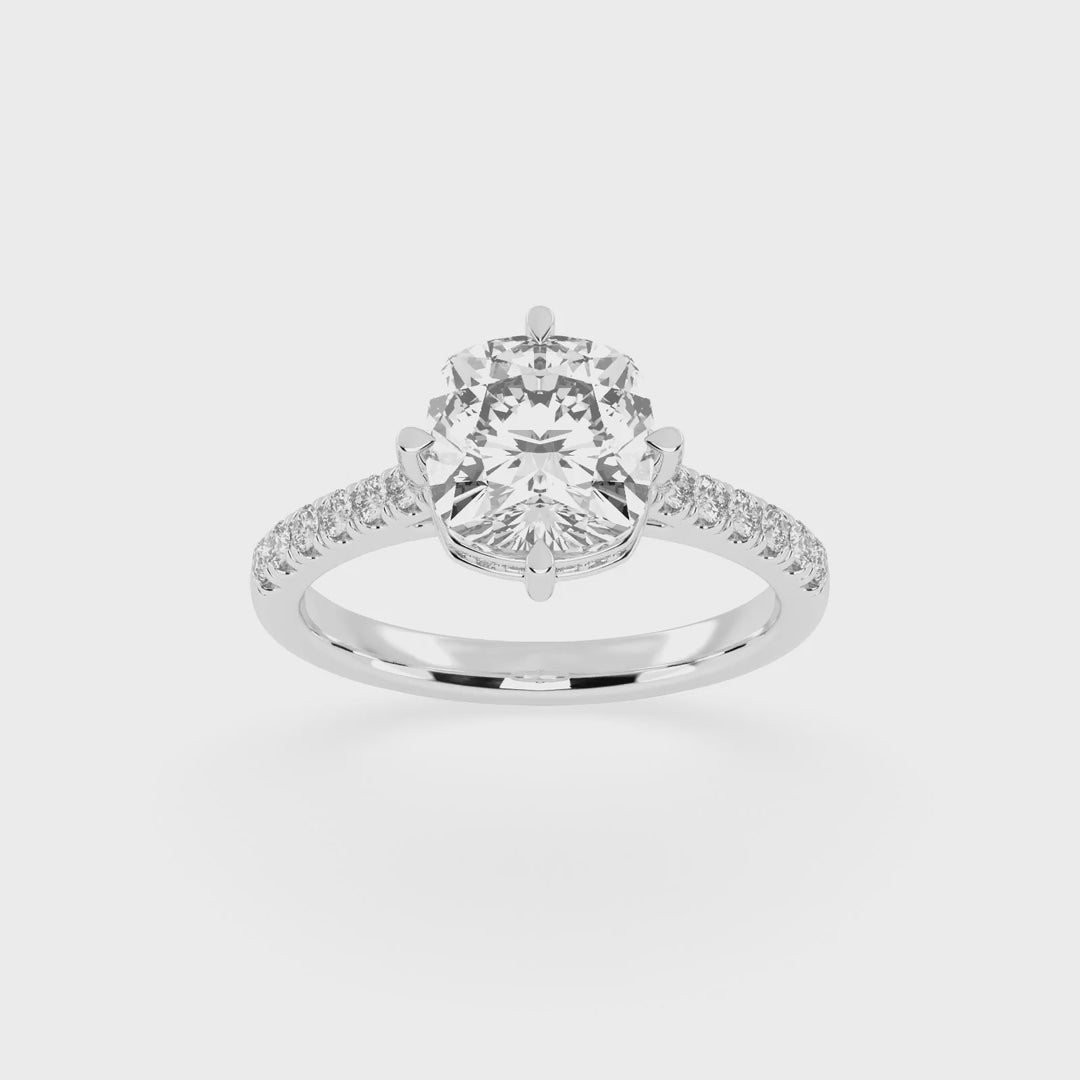 Pave Lab Grown Diamond Engagement Ring with Cushion Center Stone and Hidden Halo Setting